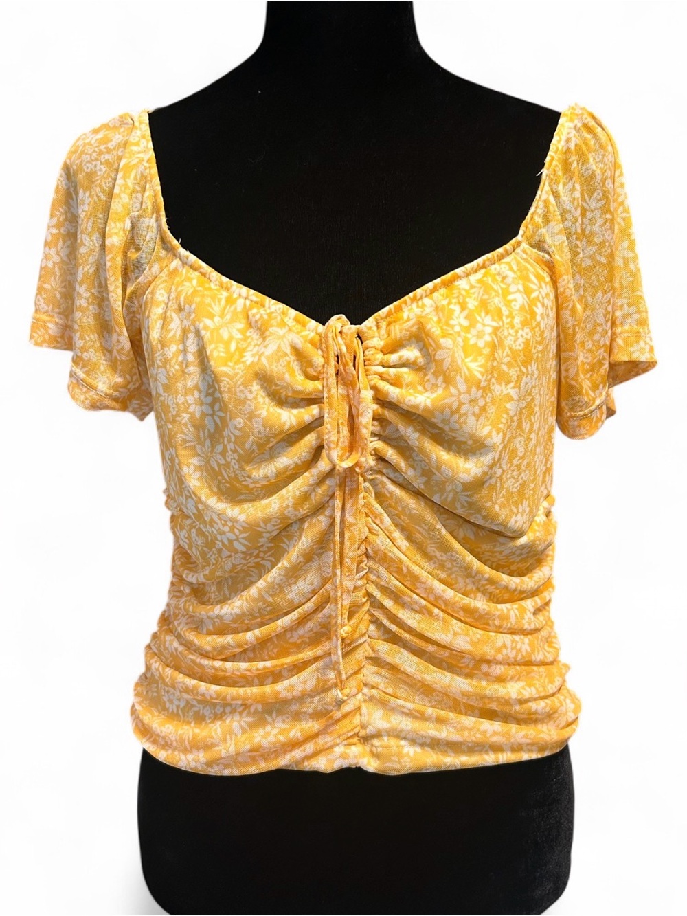 Rewind Yellow Floral Ruched Tie-Front Crop Top L, Short Sleeves Lightweight NWOT